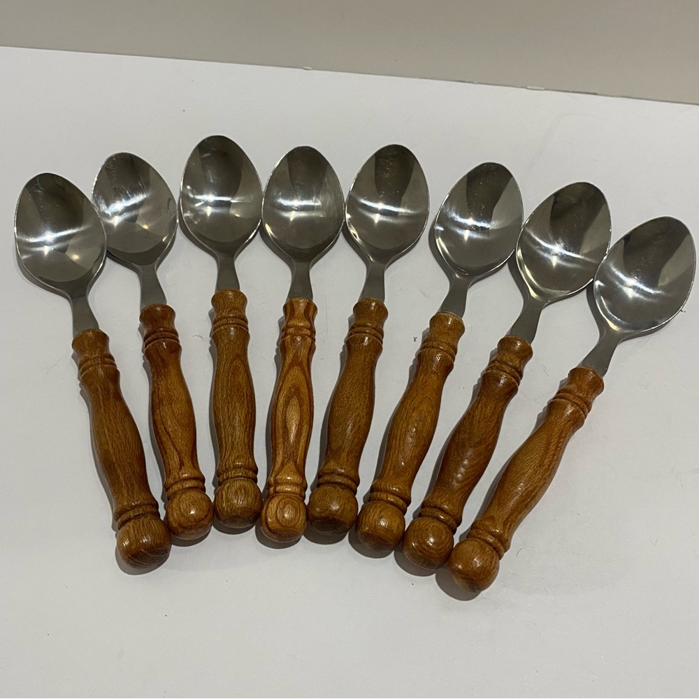 VTG Teak Wood Handle Stainless Steel Teaspoons Set of 8 MCM Taiwan Retro Flatwar